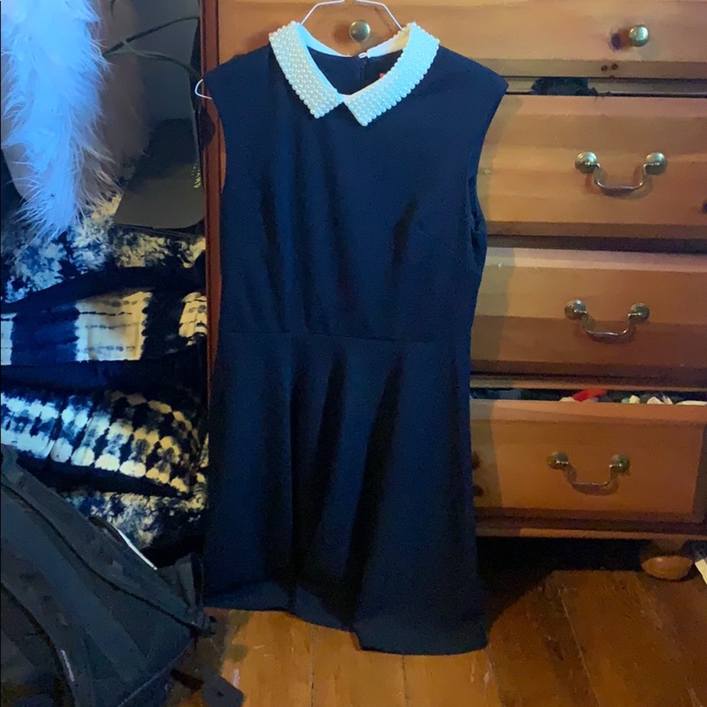 Navy dress with pearl collar